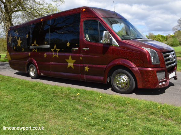 Side view of party bus at golf club event in Wales